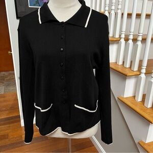 Clorinda Women’s Large Black Cardigan Button Front Pockets Ivory Trim Wool